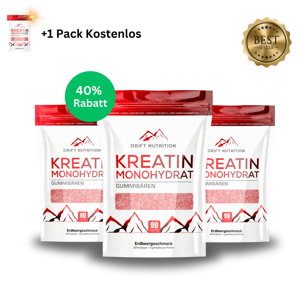 3 x Kreatin Monohydrat Erdbeere + 1 Gratis