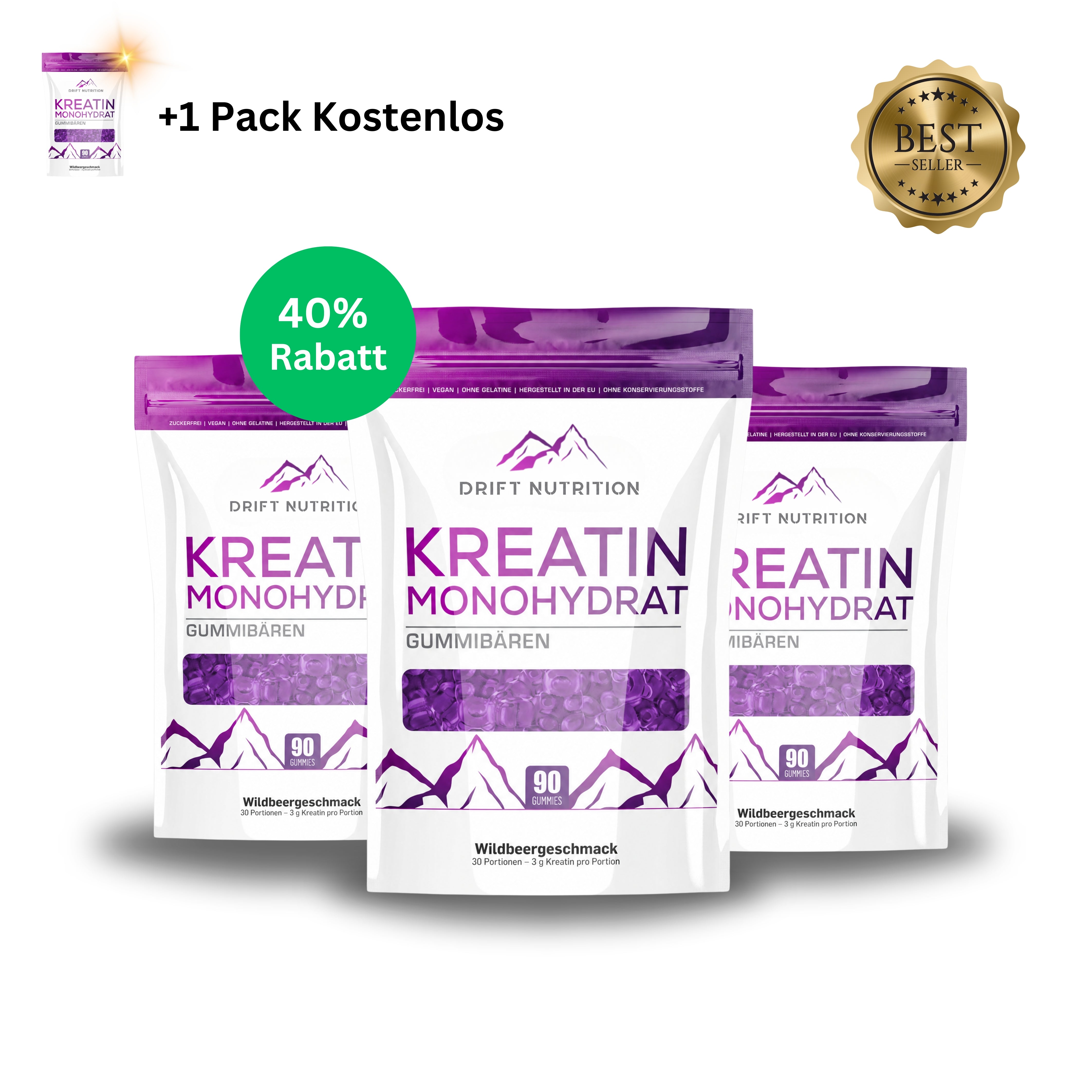 3 x Kreatin Monohydrat Waldbeere + 1 Gratis